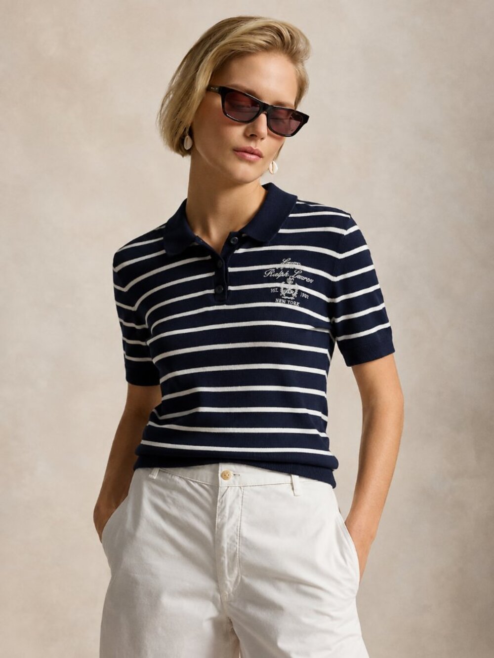 Lauren Ralph Lauren Striped Cotton-Blend Polo Sweater Navy White Large
